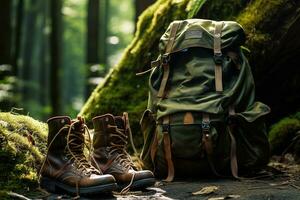 Hiking boots and backpack in the forest. Travel and adventure concept AI generated photo