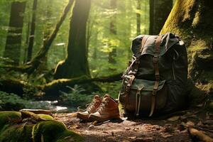 excursionismo botas y mochila en el bosque. viaje y aventuras concepto ai generado foto