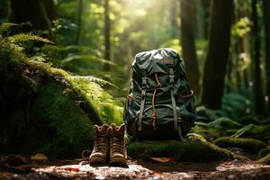 Hiking boots and backpack in the forest. Travel and adventure concept AI generated photo