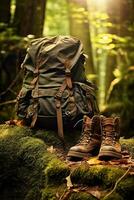 Hiking boots and backpack in the forest. Travel and adventure concept AI generated photo