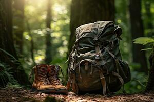 excursionismo botas y mochila en el bosque. viaje y aventuras concepto ai generado foto