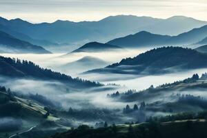 AI generated Beautiful landscape of mountains in foggy morning. Beauty in nature. photo