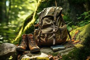 Hiking boots and backpack in the forest. Travel and adventure concept AI generated photo