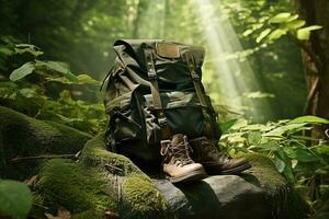 Hiking boots and backpack in the forest. Travel and adventure concept AI generated photo