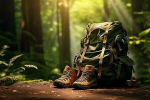 Hiking boots and backpack in the forest. Travel and adventure concept AI generated photo