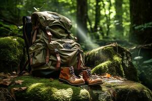 excursionismo botas y mochila en el bosque. viaje y aventuras concepto ai generado foto