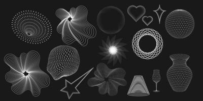 Wireframe geometric shapes and meshes on dark background. Abstract 3D patterns in trendy psychedelic style. Y2k. Vector illustration