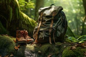 Hiking boots and backpack in the forest. Travel and adventure concept AI generated photo