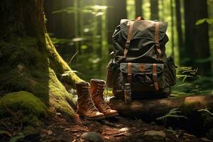 Hiking boots and backpack in the forest. Travel and adventure concept AI generated photo