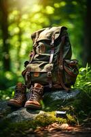 Hiking boots and backpack in the forest. Travel and adventure concept AI generated photo