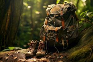 Hiking boots and backpack in the forest. Travel and adventure concept AI generated photo