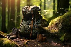 Hiking boots and backpack in the forest. Travel and adventure concept AI generated photo