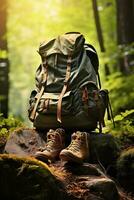 Hiking boots and backpack in the forest. Travel and adventure concept AI generated photo