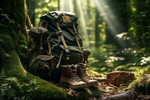 Hiking boots and backpack in the forest. Travel and adventure concept AI generated photo