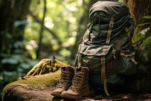 Hiking boots and backpack in the forest. Travel and adventure concept AI generated photo