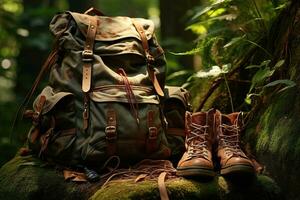 Hiking boots and backpack in the forest. Travel and adventure concept AI generated photo