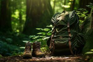 Hiking boots and backpack in the forest. Travel and adventure concept AI generated photo