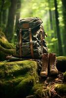 Hiking boots and backpack in the forest. Travel and adventure concept AI generated photo