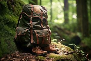 excursionismo botas y mochila en el bosque. viaje y aventuras concepto ai generado foto