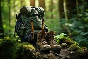 Hiking boots and backpack in the forest. Travel and adventure concept AI generated photo