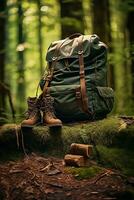 excursionismo botas y mochila en el bosque. viaje y aventuras concepto ai generado foto