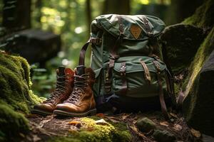 Hiking boots and backpack in the forest. Travel and adventure concept AI generated photo