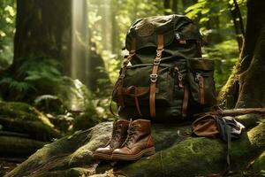 Hiking boots and backpack in the forest. Travel and adventure concept AI generated photo