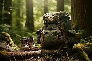 excursionismo botas y mochila en el bosque. viaje y aventuras concepto ai generado foto