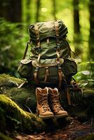 Hiking boots and backpack in the forest. Travel and adventure concept AI generated photo