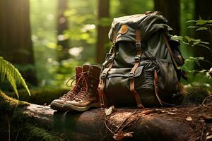 Hiking boots and backpack in the forest. Travel and adventure concept AI generated photo