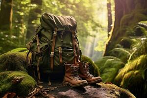 Hiking boots and backpack in the forest. Travel and adventure concept AI generated photo