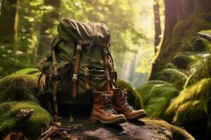 Hiking boots and backpack in the forest. Travel and adventure concept AI generated photo