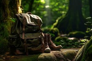 Hiking boots and backpack in the forest. Travel and adventure concept AI generated photo