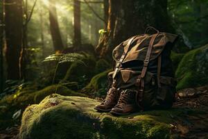 excursionismo botas y mochila en el bosque. viaje y aventuras concepto ai generado foto