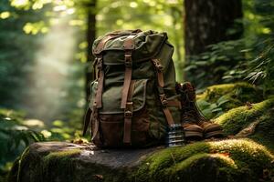 excursionismo botas y mochila en el bosque. viaje y aventuras concepto ai generado foto