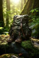 Hiking boots and backpack in the forest. Travel and adventure concept AI generated photo