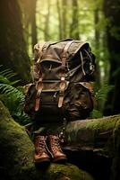 excursionismo botas y mochila en el bosque. viaje y aventuras concepto ai generado foto