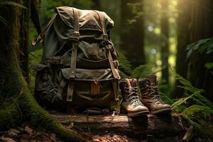 Hiking boots and backpack in the forest. Travel and adventure concept AI generated photo