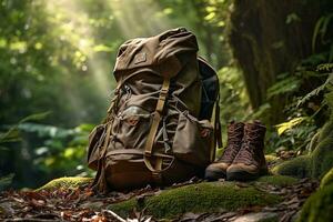 Hiking boots and backpack in the forest. Travel and adventure concept AI generated photo