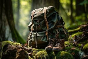 Hiking boots and backpack in the forest. Travel and adventure concept AI generated photo