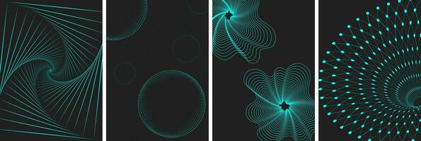 Set of posters made of geometric shapes and wireframe mesh on dark background. Abstract 3D patterns in trendy psychedelic style. Y2k. Vector illustration