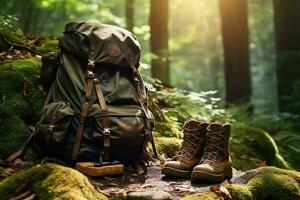 Hiking boots and backpack in the forest. Travel and adventure concept AI generated photo