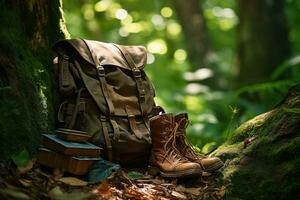 excursionismo botas y mochila en el bosque. viaje y aventuras concepto ai generado foto