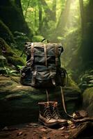 excursionismo botas y mochila en el bosque. viaje y aventuras concepto ai generado foto