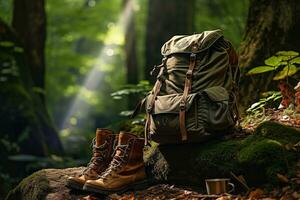 excursionismo botas y mochila en el bosque. viaje y aventuras concepto ai generado foto