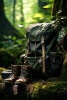 Hiking boots and backpack in the forest. Travel and adventure concept AI generated photo