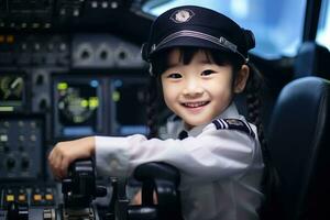 retrato de un linda asiático pequeño niña en un piloto uniforme ai generado foto