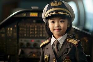 retrato de un linda asiático pequeño niña en un piloto uniforme ai generado foto