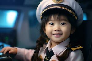 retrato de un linda asiático pequeño niña en un piloto uniforme ai generado foto