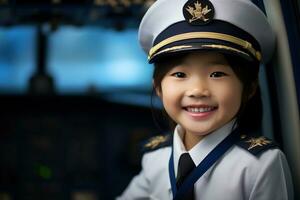 retrato de un linda asiático pequeño niña en un piloto uniforme ai generado foto